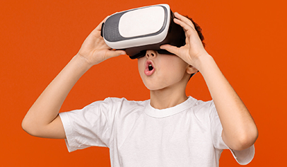 body shot of boy using virtual reality metaverse