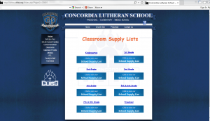 school web site with banners for each supply list