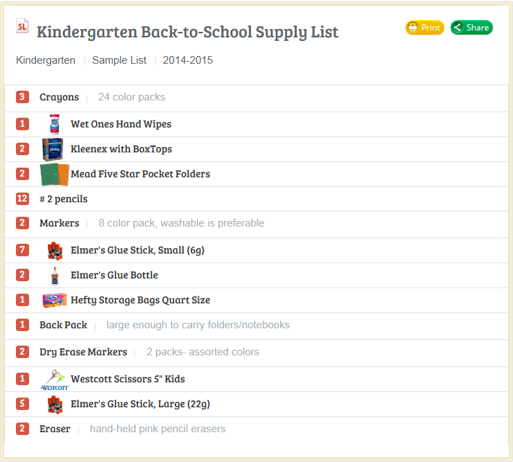 School Supply List For Kindergarten Kindergarten