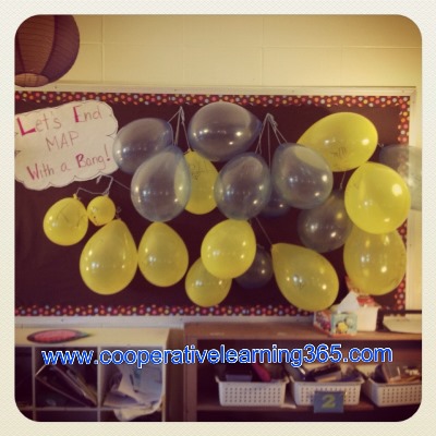 classroom with balloons to pop after finishing a test