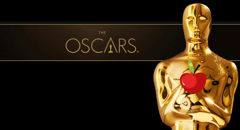 Oscars statue holding an apple