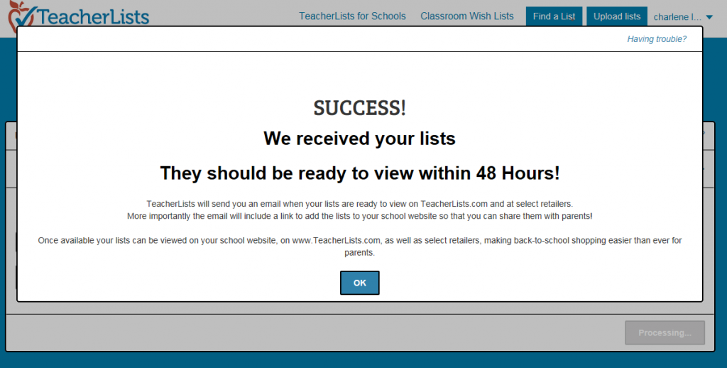 success screen