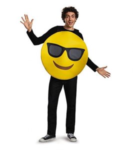 Man wearing smiling emoji costume