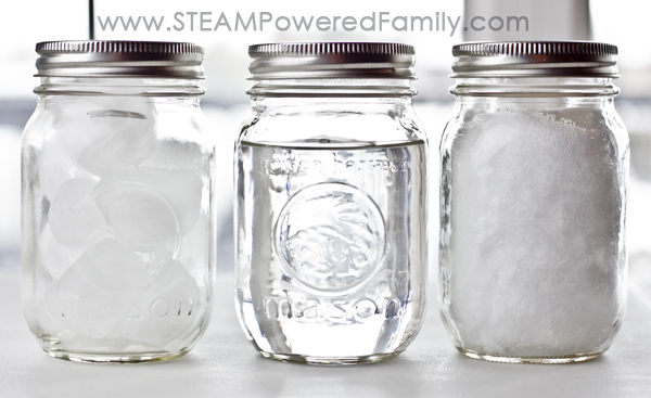 3 mason jars with water, ice and snow