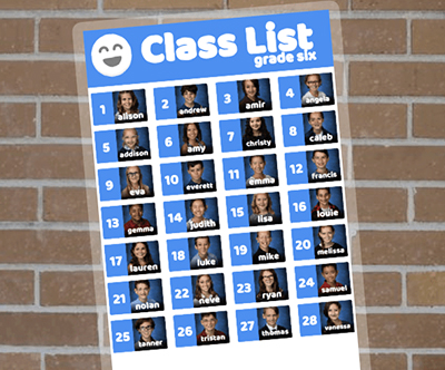 Laminated class list with student pictures