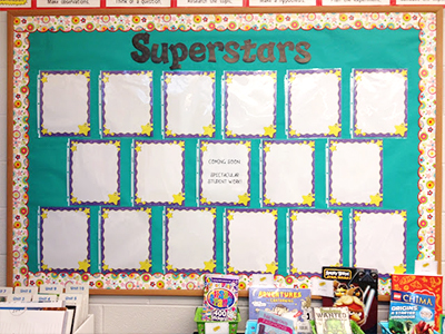 bulletin board with student work displayed