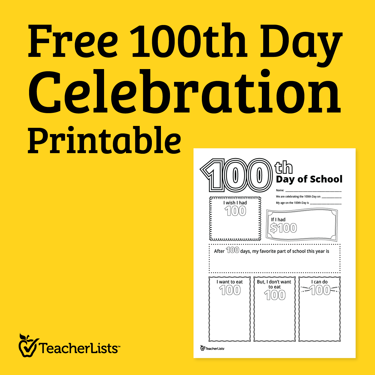 100th Day of School Free Printable