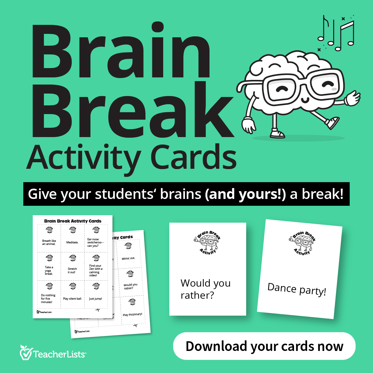 Brain Break Activity Cards for Teachers Printable