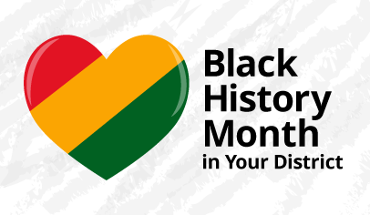 Red, Yellow, and Green heart with text "Black History Month in your District"